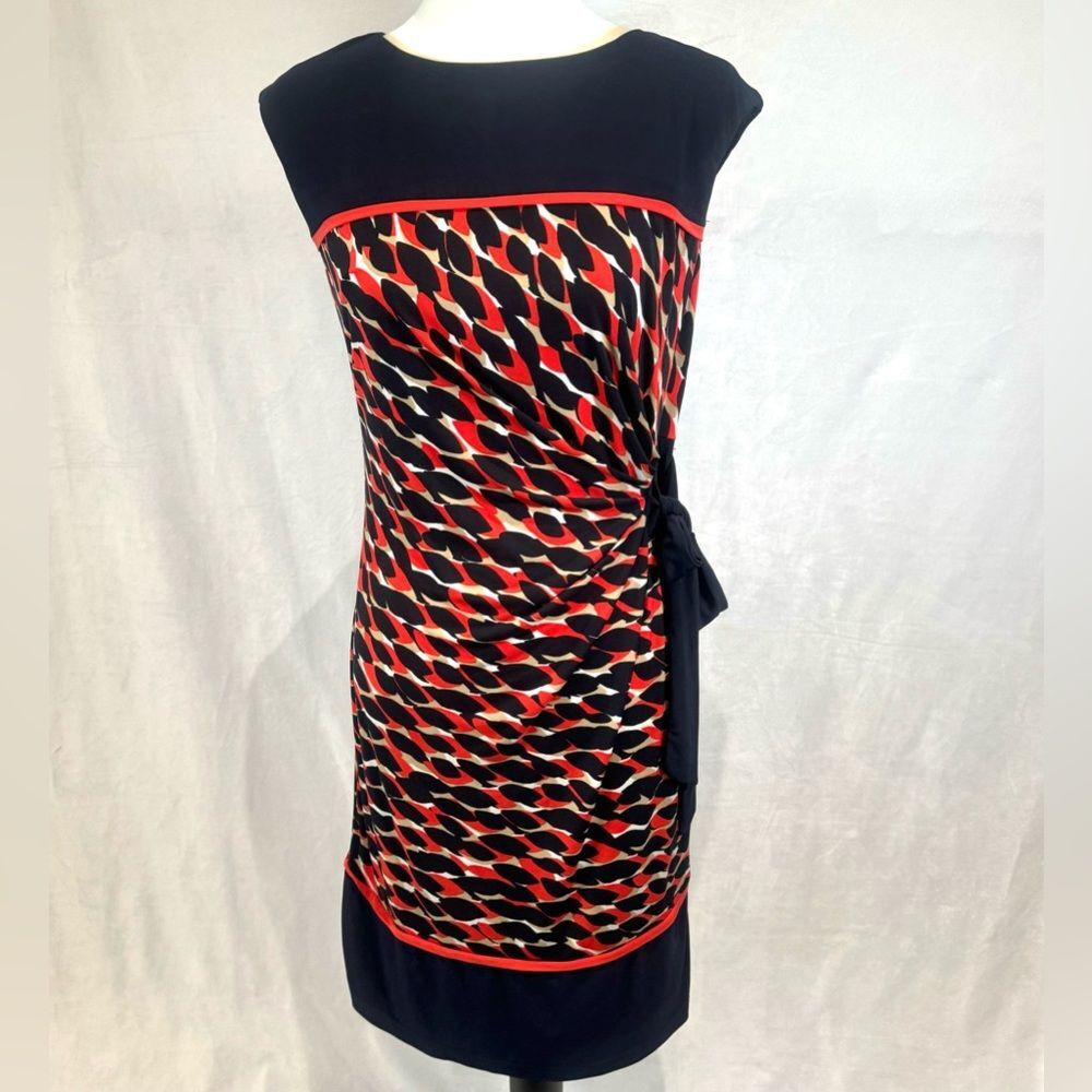 Navy blue orange and tan ruched tie side dress size small